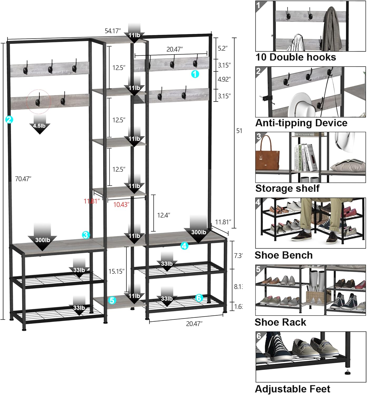 GiftGo Corner Hall Tree with Shoe Rack Storage Bench Display Open Shelves Modern Industrial Entryway Coat Rack Stand for Home Living Room Mudroom Bedroom Multifuncitonal 5 in 1 (Greige)