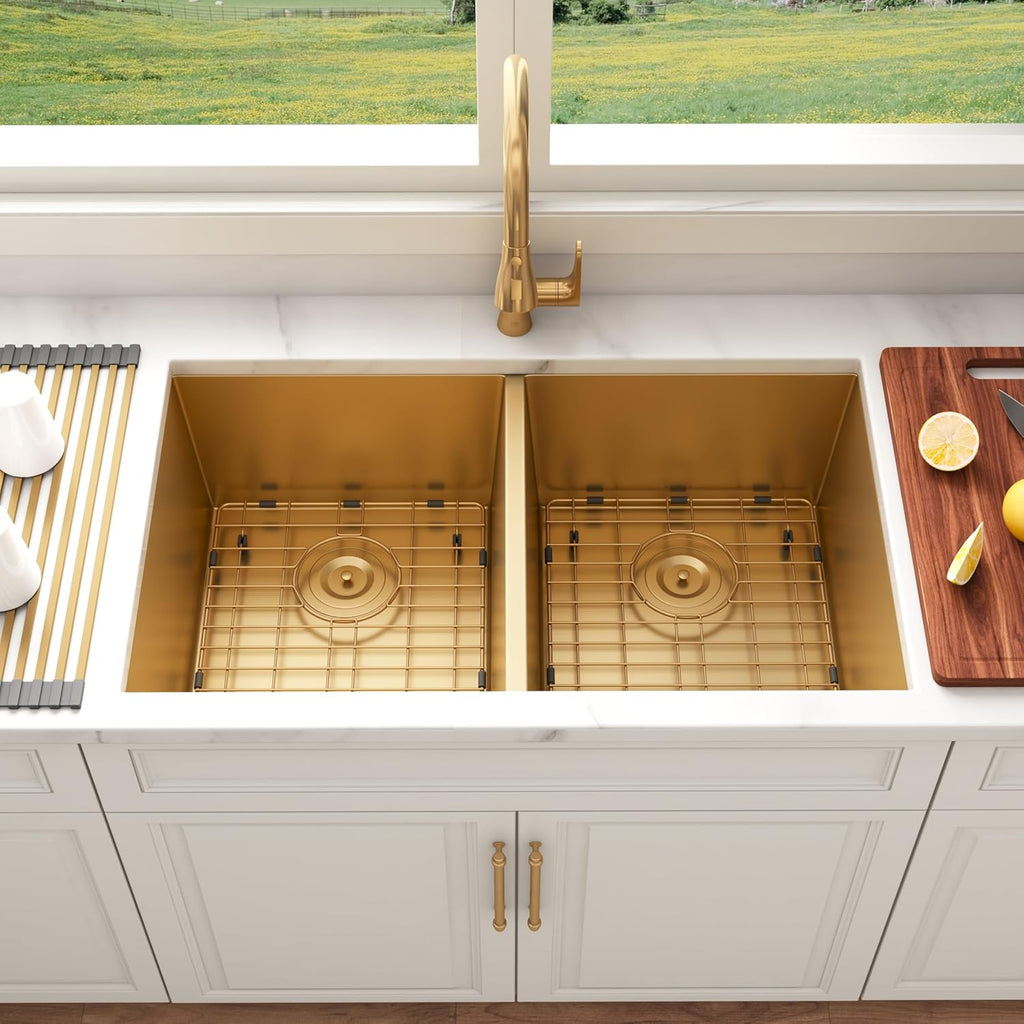 32 Inch Gold Double Bowl Kitchen Sink Undermount 304 Stainless Steel 16 Gauge 50/50 Spacious Double Basin Sinks with Accessories 32' x 18' x 10'