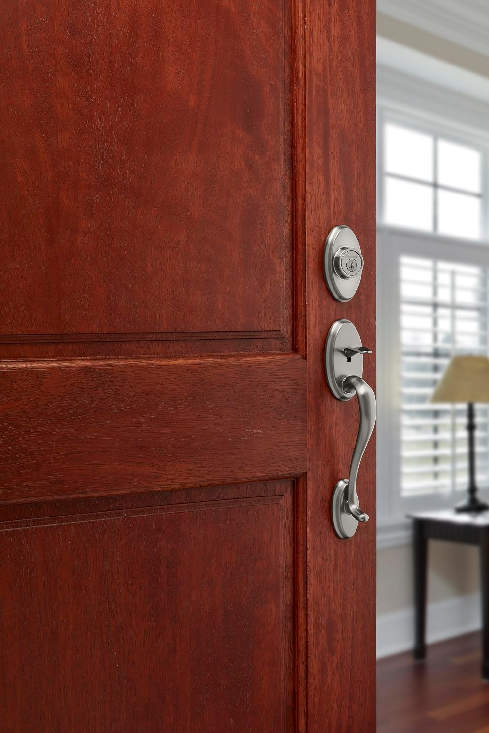 Kwikset Shelburne Front Door Lock Handle and Deadbolt Set, Entry Door Handleset Exterior with Tustin Interior Reversible Lever, Satin Nickel, Pick Resistant SmartKey Rekey Deadbolt Security