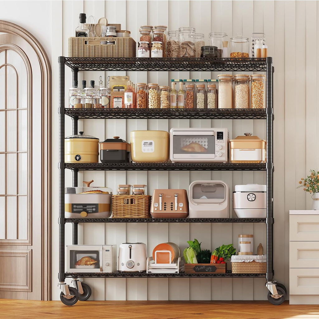 Garvee Storage Shelves, 5-Tier Metal Shelving Units with Wheels, 73' H x 59' W x 17.1' D, 3300 LBS Heavy Duty Wire Shelving Rolling Rack for Garage Kitchen Home Basement, Adjustable, Black