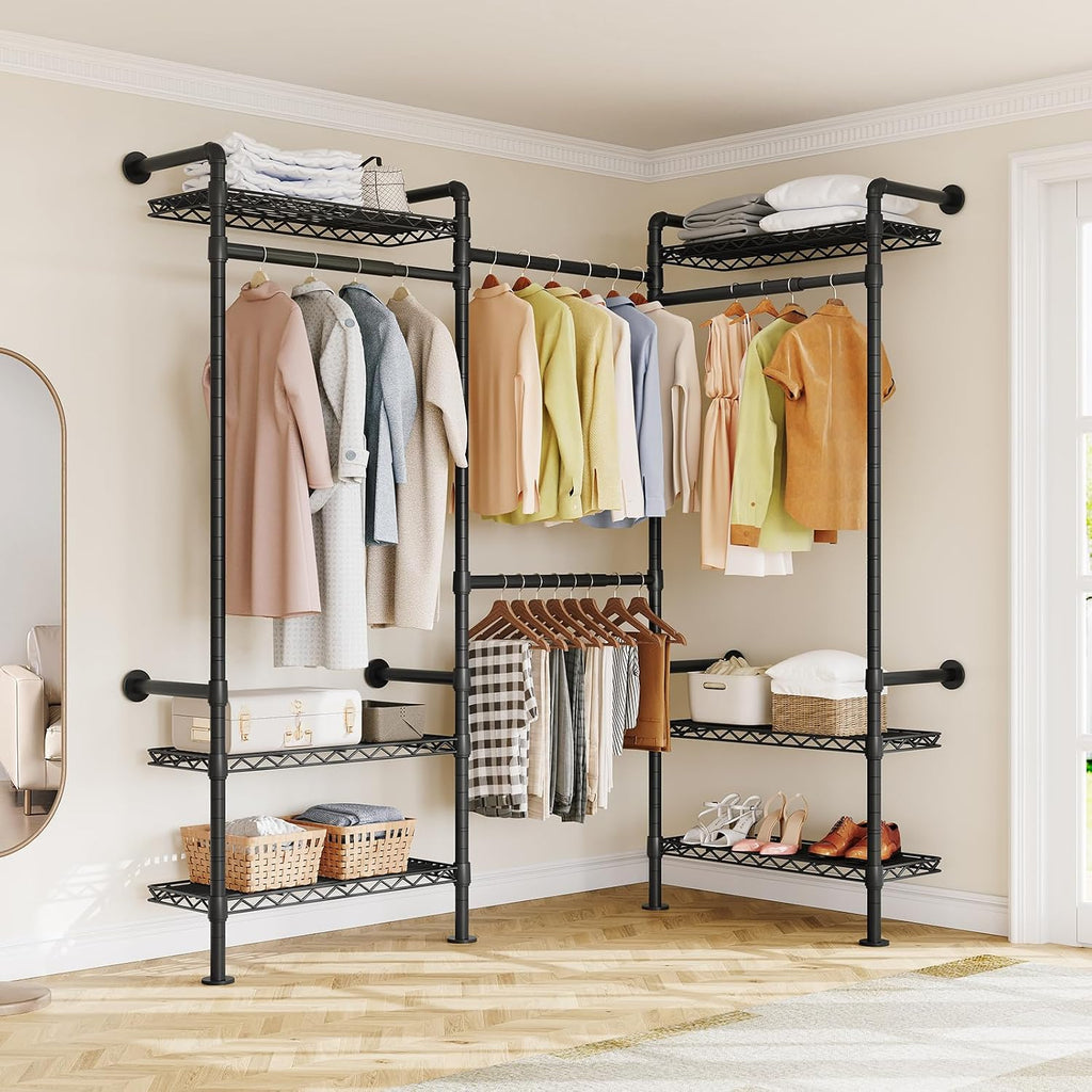 L3 Wall Mounted Industrial Pipe Closet System, Corner Closet Organizers with 4 Telescopic Rods & 6 Shelves, Heavy Duty Clothing Clothes Rack in Wardrobe Closet (Black)