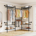 L3 Wall Mounted Industrial Pipe Closet System, Corner Closet Organizers with 4 Telescopic Rods & 6 Shelves, Heavy Duty Clothing Clothes Rack in Wardrobe Closet (Black)