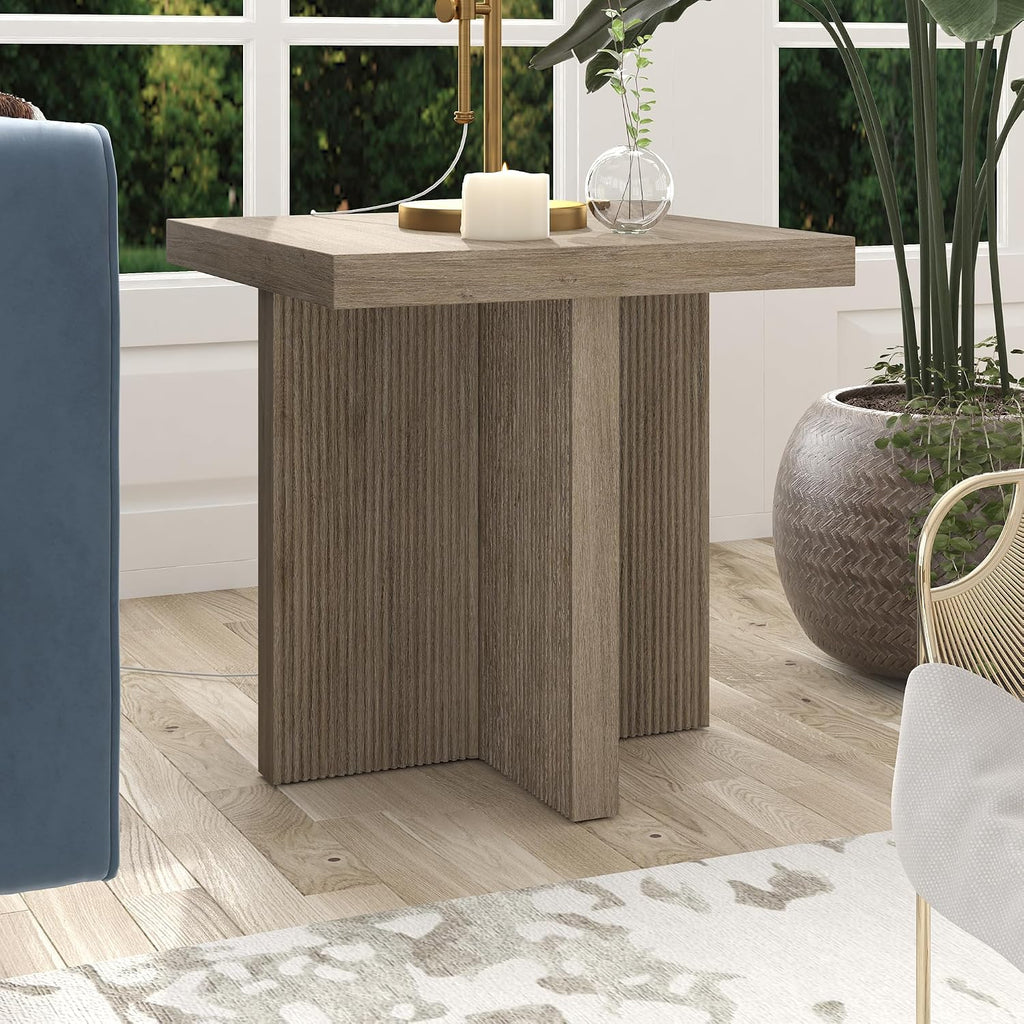 Henn&Hart 22' Fluted Scandinavian Square End Table, Ribbed Side Table, Nightstand for Living Room, Office, Family Room, or Bedroom, Weathered Gray