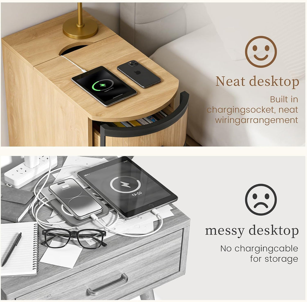 BERRYMERRY Narrow End Table Set of 2 with Charging Station, Modern Slim Nightstand Bedside Table with 3 Drawers for Bedroom Living Room, Natural, 11.81' W x 23.51' D x 23.62' H