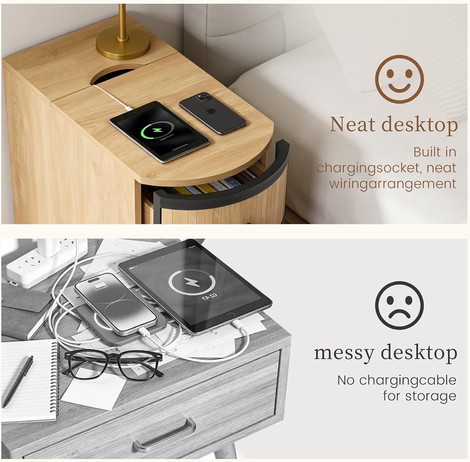 BERRYMERRY Narrow End Table Set of 2 with Charging Station, Modern Slim Nightstand Bedside Table with 3 Drawers for Bedroom Living Room, Natural, 11.81' W x 23.51' D x 23.62' H