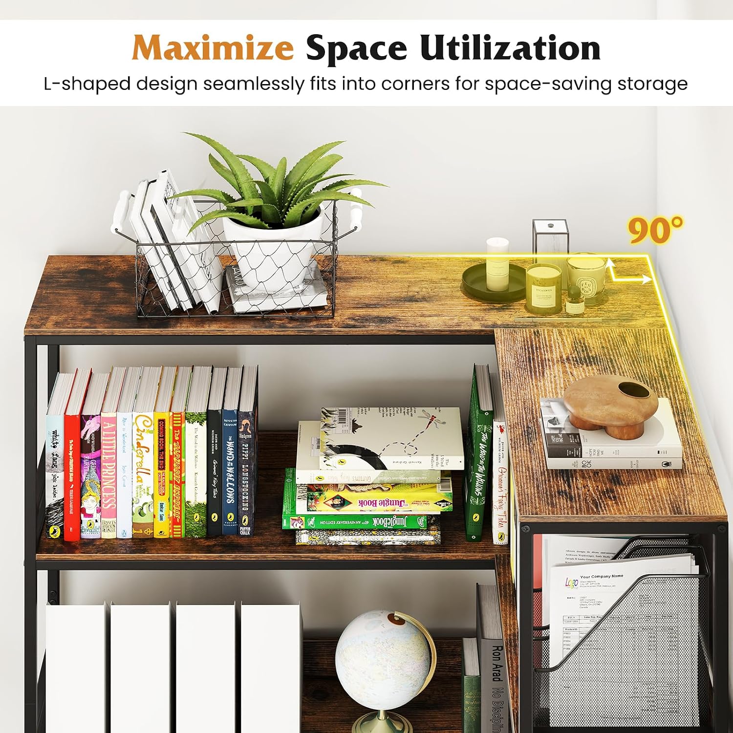 Tangkula Large Corner Bookshelf, 90 Degrees 5-Tier Industrial Wood Open Corner Bookcase for Small Spaces, Heavy-Duty Metal Frame, 71'H L-Shaped Storage Display Rack for Living Room (Rustic Brown)