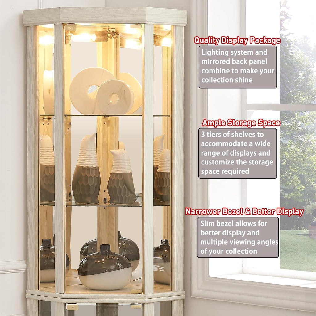 69' H Lighted Corner Display Cabinet, Curio Corner Glass Cabinet w/Adjustable Shelves & Glass Door, 5-Tier Wooden Storage Display Case w/Mirrored Back Pane for Living Room (Antique White)