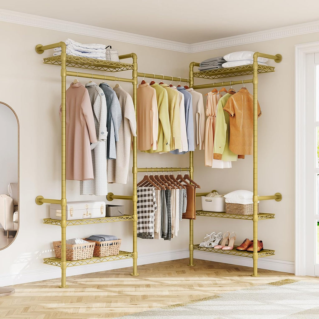 ONBRILL L3 Wall Mounted Industrial Pipe Closet System, Corner Closet Organizers with 4 Telescopic Rods & 6 Shelves, Heavy Duty Clothing Clothes Rack in Wardrobe Closet (Gold)