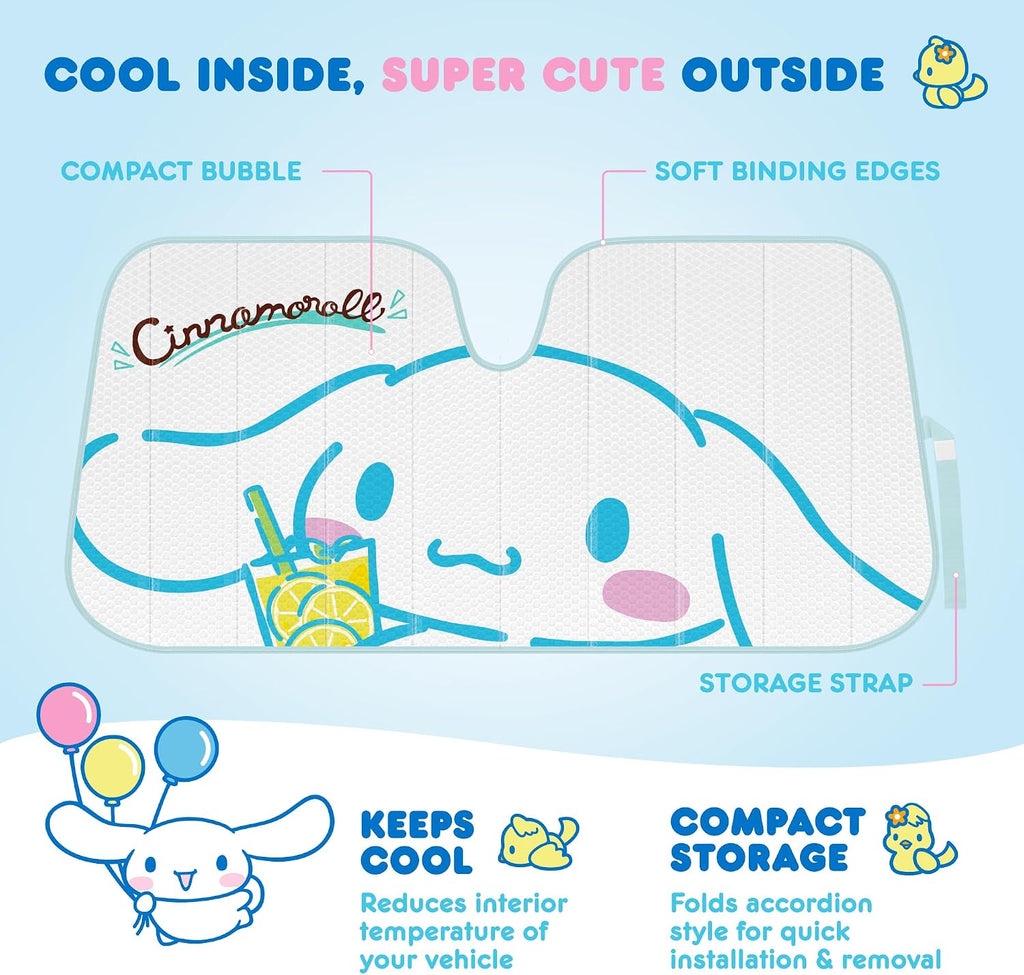 Carbella Cinnamoroll Car Seat Covers, Car Floor Mats, Steering Wheel Cover, Windshield Sun Shade for Car Gift Pack Car Air Freshener Black and Blue Hello Kitty Car Accessories for Women 9pc Combo