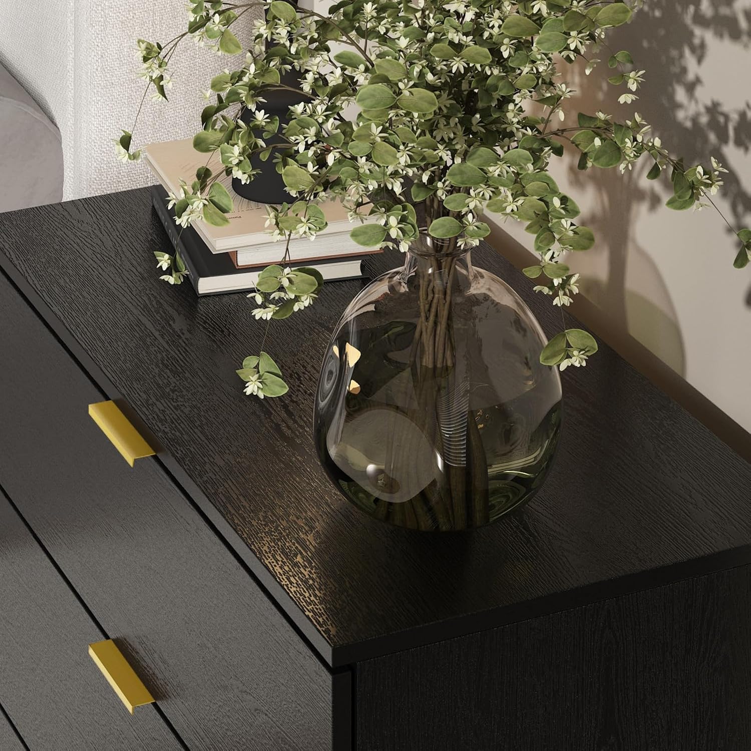 Large Black Nightstand Modern End Table with 3 Drawers, Gold Metal Handles & Legs, Bed Side Table for Living Room, Black and Gold, 31.5'W x 15.7'D x 29.5'H