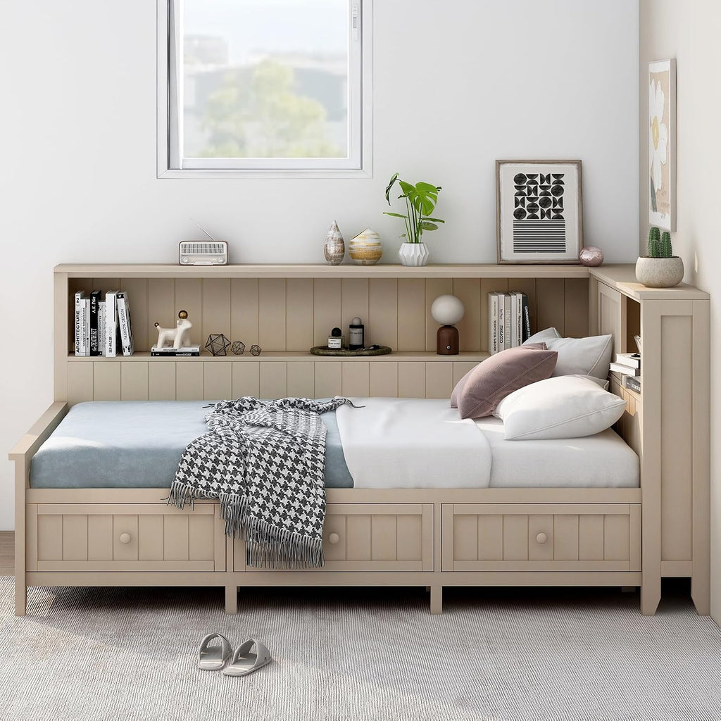 Merax Twin Size Daybed Frame with Storage Drawers and Shelves, Wood Twin Daybed with Headboard for Kids Teens, L-Shaped Corner Bed Twin Size for Guestroom Living Room, Apricot White