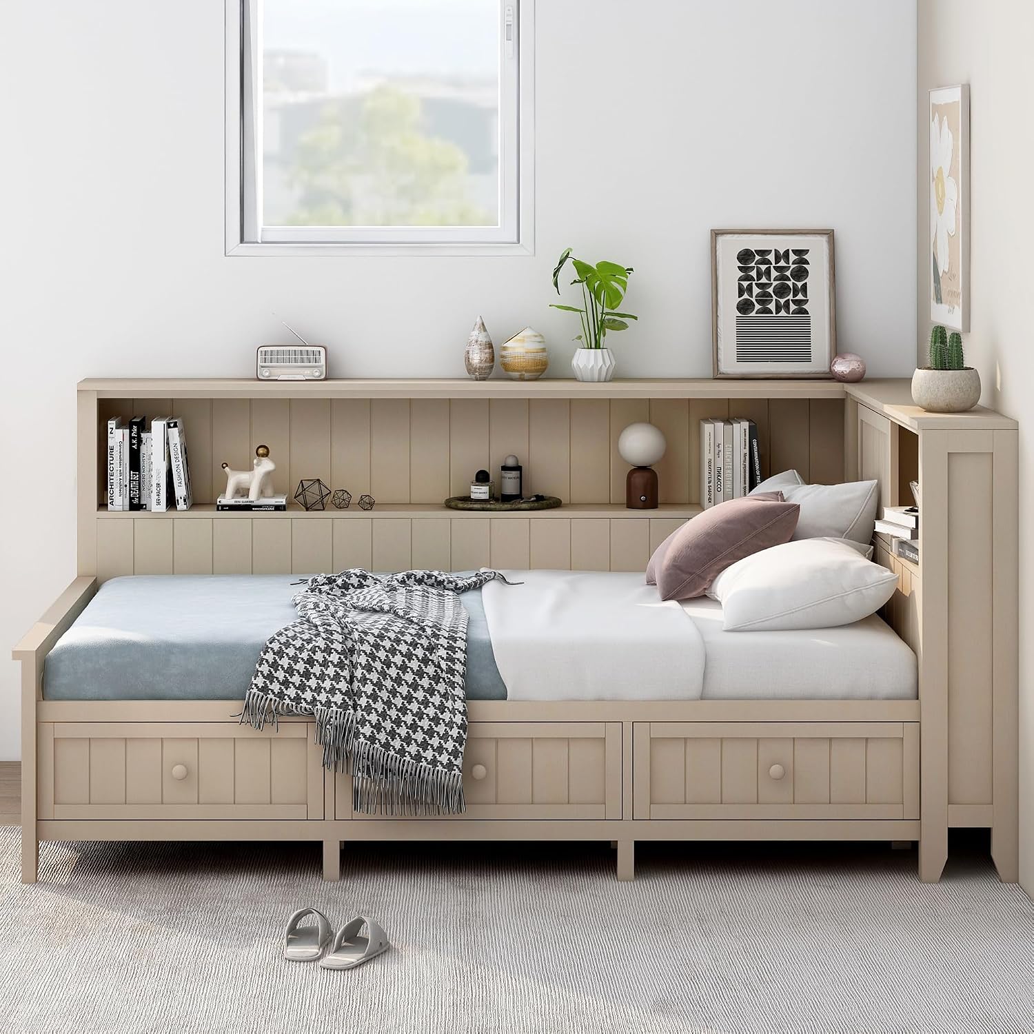 Merax Twin Size Daybed Frame with Storage Drawers and Shelves, Wood Twin Daybed with Headboard for Kids Teens, L-Shaped Corner Bed Twin Size for Guestroom Living Room, Apricot White