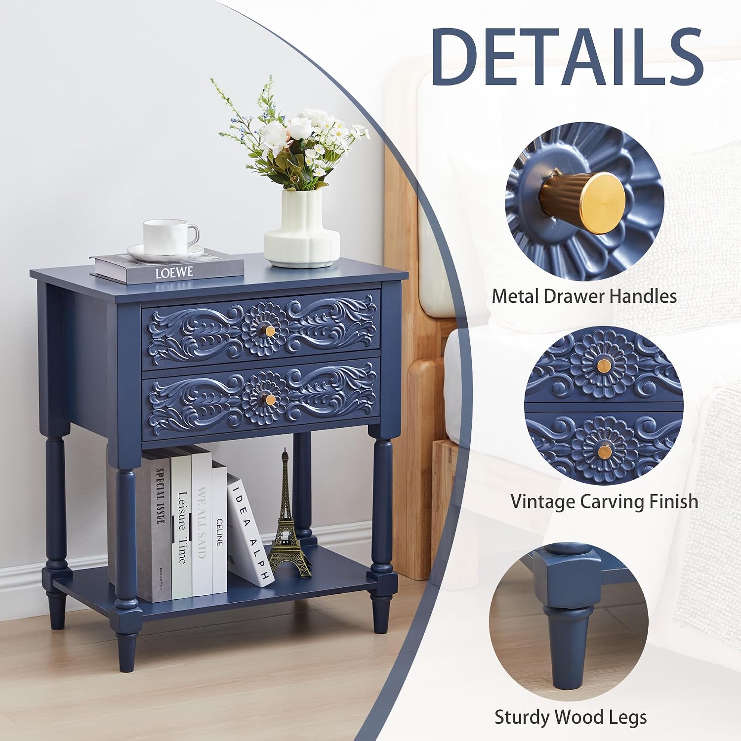 Nightstand, Farmhouse Bedside Table with 2 Drawers and Open Shelf, Wood Sofa Side Table End Table Accent Dresser for Bedroom, Living Room (with Shelf, Blue)