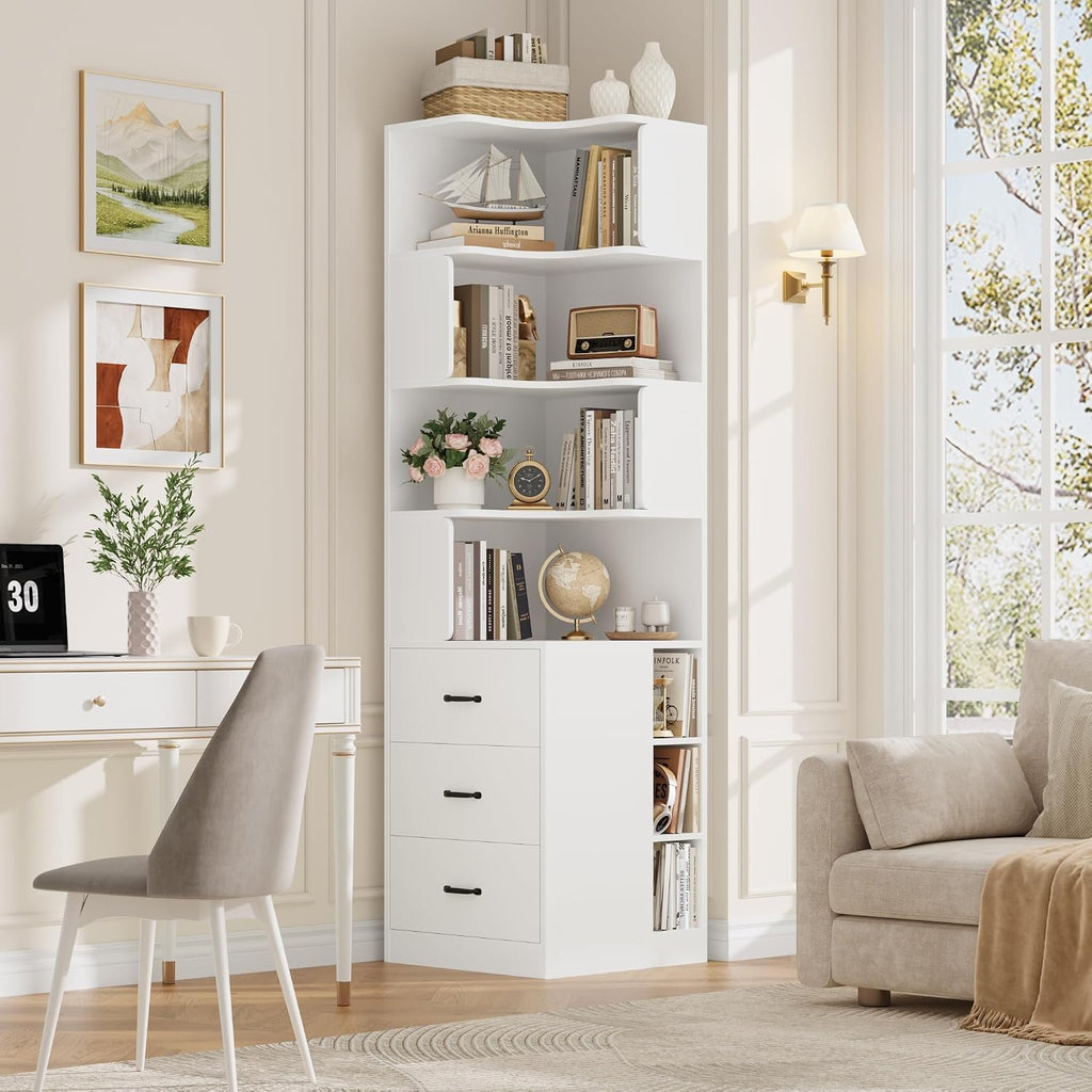 FACBOTALL 76.8' Corner Bookshelf with 3 Drawers and 3 Side Storage Cubbies, L Shaped Tall Bookshelf and Bookcase, 4 Tier Corner Bookcase, Wood Narrow Book Shelf for Living Room, Office, White