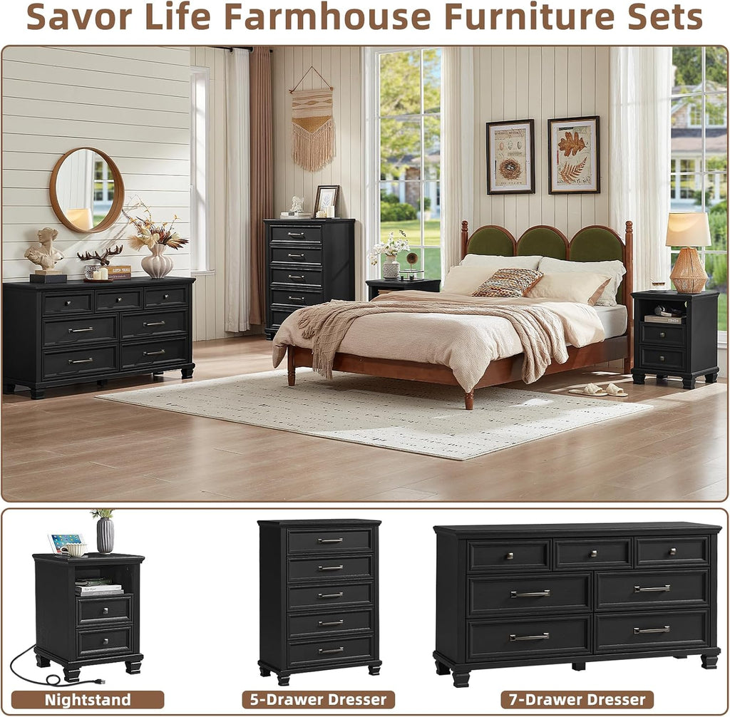 SAVOR LIFE Farmhouse Chest of Drawers for Bedroom, 45' Tall Dresser for Closet, Rustic Wood Dressers for Bedroom, Hallway, Entryway, Black