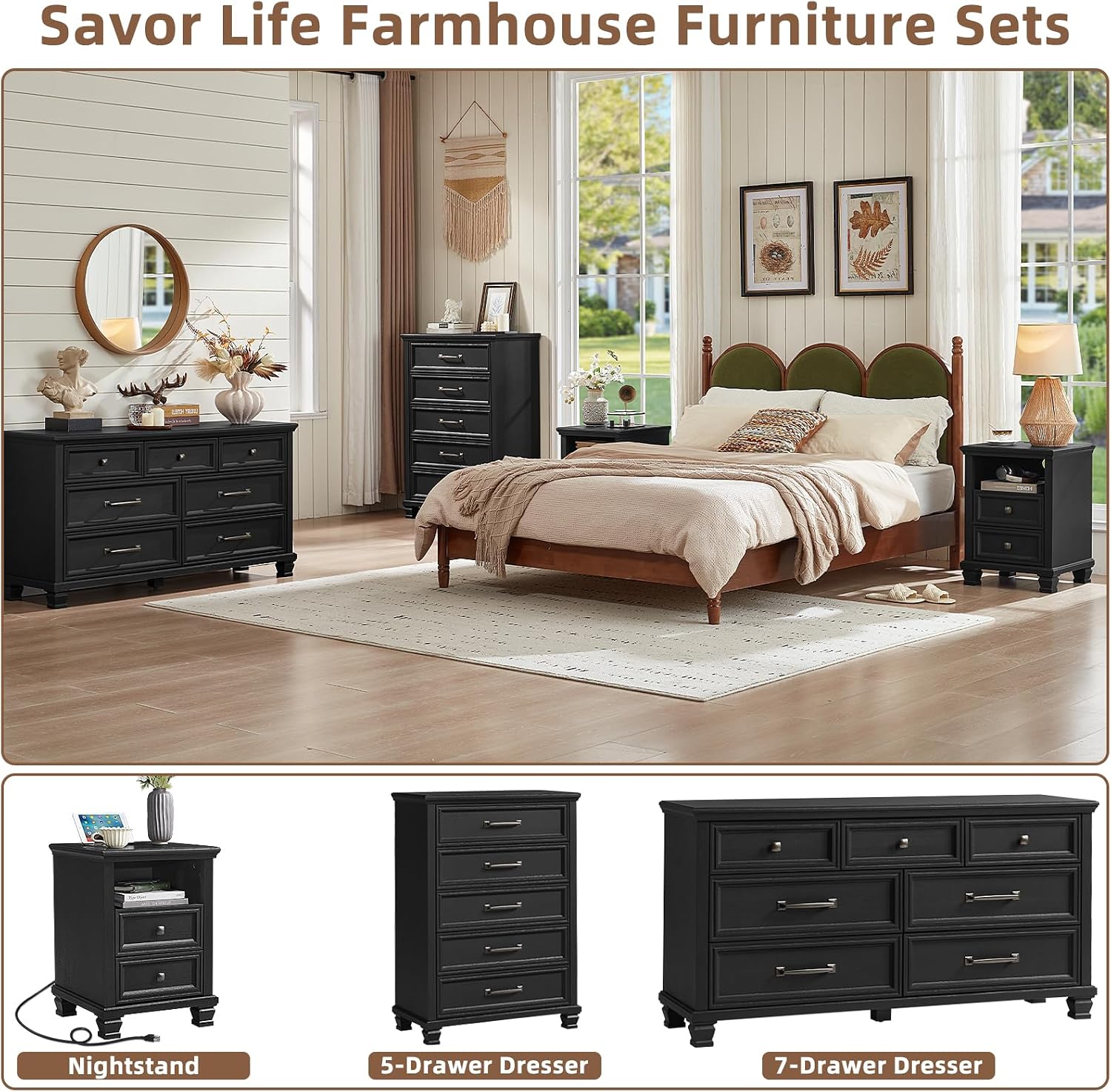 SAVOR LIFE Farmhouse Side Table with Charging Station, Rustic Black Nightstand with Drawers, Bedside Table with Open Shelf for Bedroom, Black