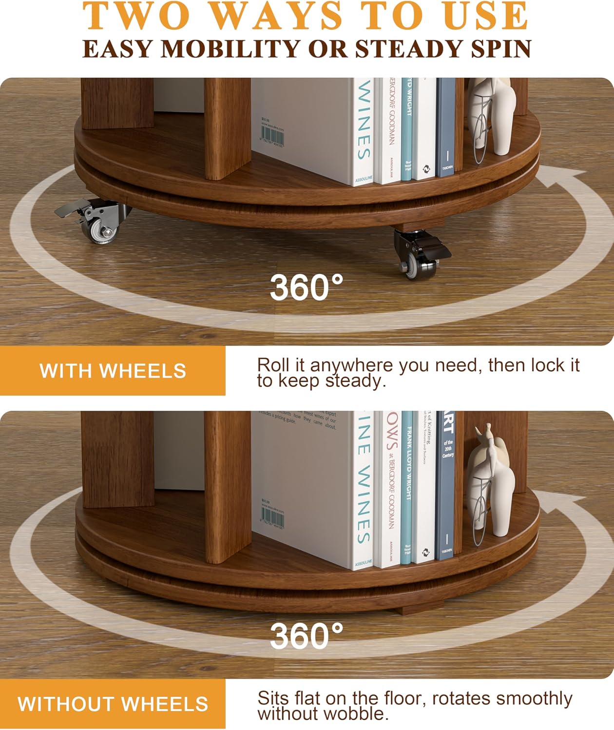 4-Tier Solid Wood Rotating Bookshelf on Wheels, 360° Spinning Book Shelf Tower, Round Revolving Bookcase Organizer, Rolling Bookshelves for Small Spaces, Corner, Bedroom, Kids Room, Office, Walnut