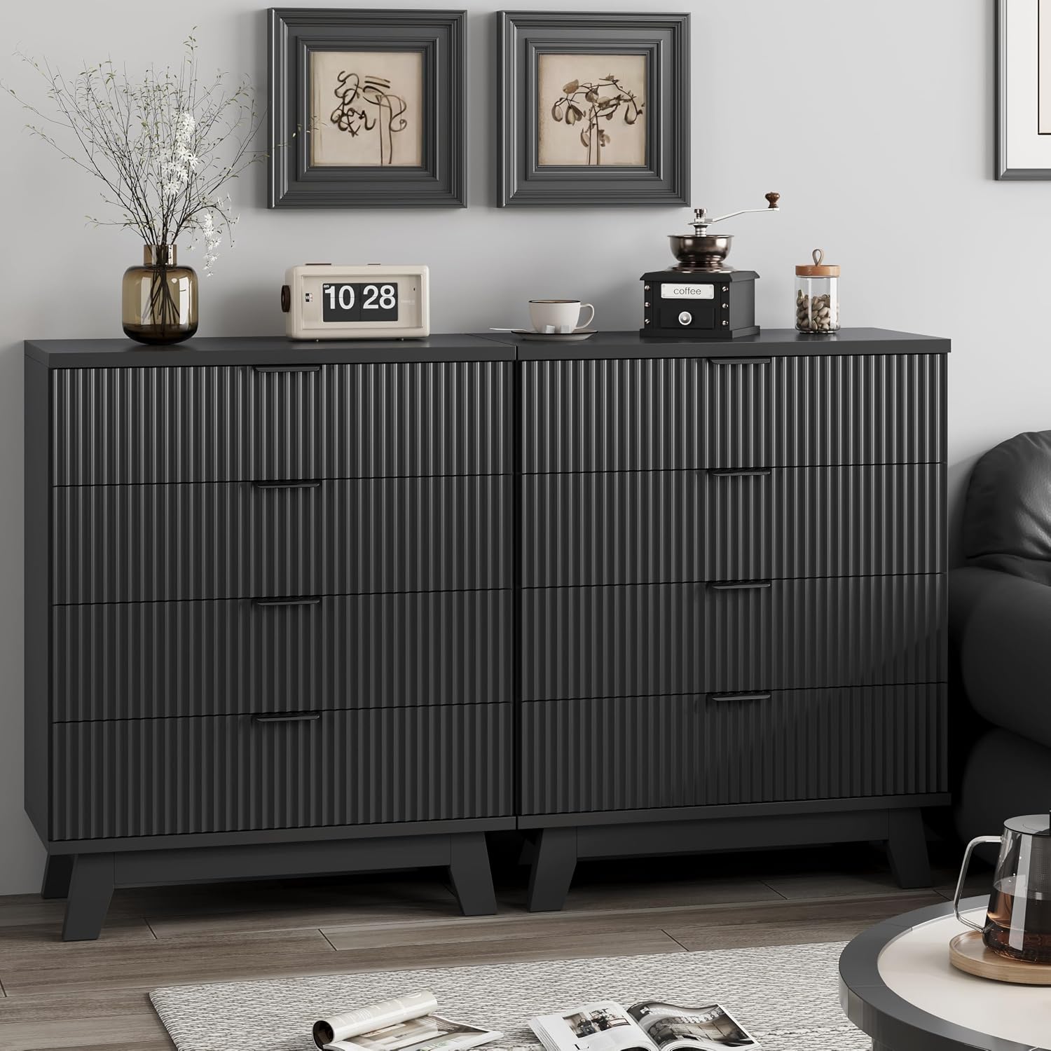 Fluted Nightstand, 31.5' Wide Side Table with 4 Large Storage Drawers, Mid Century Modern Wood Night Stand with Metal Handle, Wooden Bedside End Table for Bedroom, Living Room, Closet, Black
