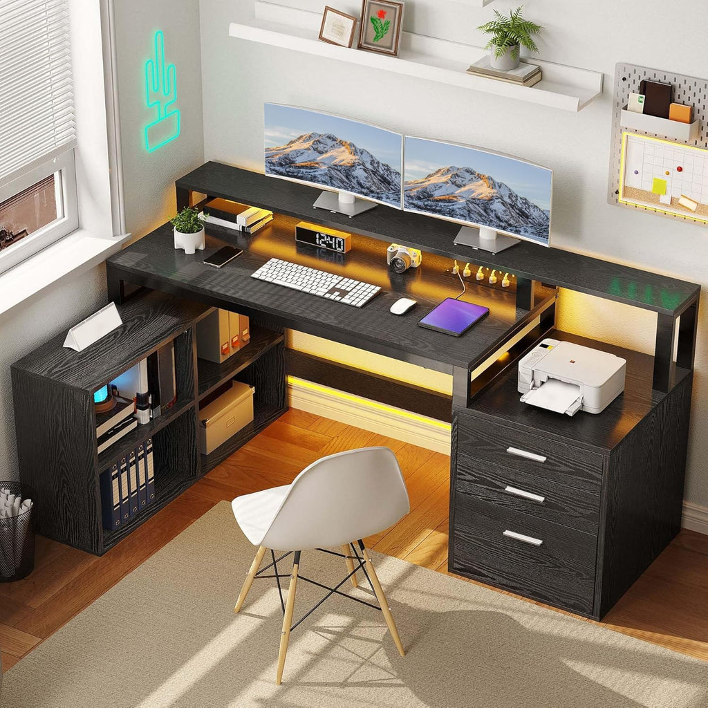 DWVO L Shaped Desk with Drawers, 65' Computer Desk with Power Outlets & LED Lights, Corner Home Office Desk with Storage Shelves & Printer Stand, Black
