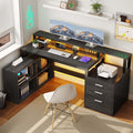 DWVO L Shaped Desk with Drawers, 65' Computer Desk with Power Outlets & LED Lights, Corner Home Office Desk with Storage Shelves & Printer Stand, Black