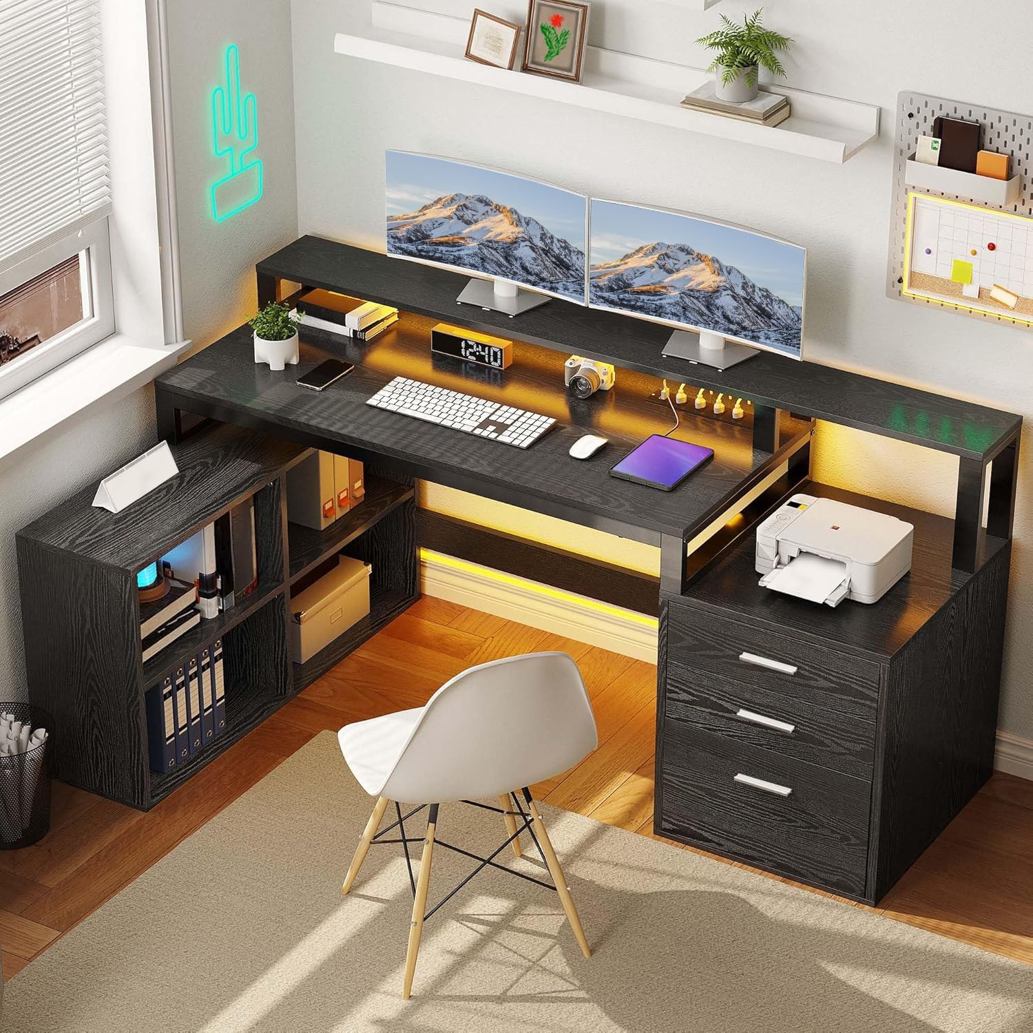DWVO L Shaped Desk with Drawers, 65' Computer Desk with Power Outlets & LED Lights, Corner Home Office Desk with Storage Shelves & Printer Stand, Black