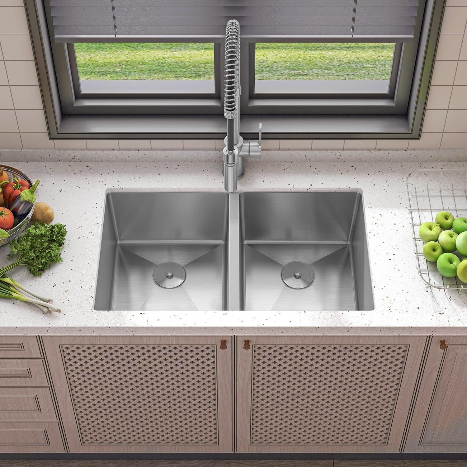Sinber HU3219D-S-16G 32' x 19' x 10' Undermount Double Bowl Kitchen Sink with 16 Gauge 304 Stainless Steel Satin Finish (Sink Only)