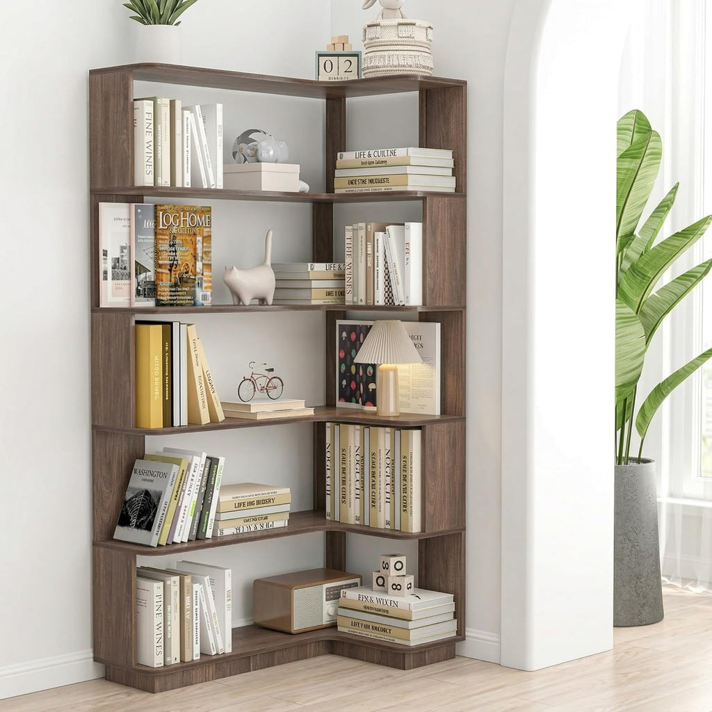 6 Tier Corner Bookshelf, Freestanding L-Shaped Wooden Bookcase with Open Shelves, Anti-Fall Panels and Anti-Tipping Device for Living Room, Home Office (Dark Brown with Left Extension)
