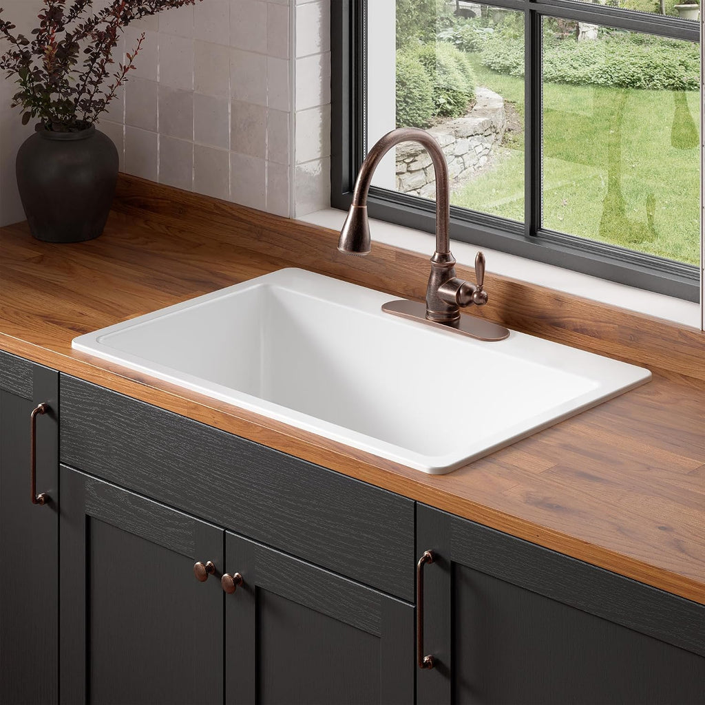 Sinkology Jackson 33 Inch Drop-In Fireclay Kitchen Sink White Single Bowl – Deep Basin, 3 Pre-Drilled Faucet Holes, Fits 36 Inch Cabinet