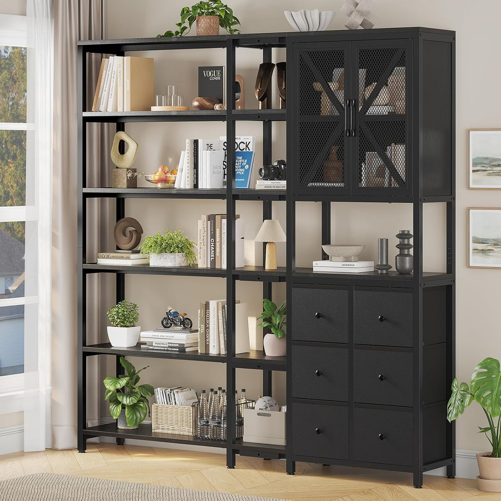 HAUOMS Corner Bookshelf, 6 Tier Industrial Convertible Bookshelf with 6 Fabric Drawers, Corner Bookcase Large L Shaped Storage Display Shelf for Home Office, Living Room, Kitchen, Black
