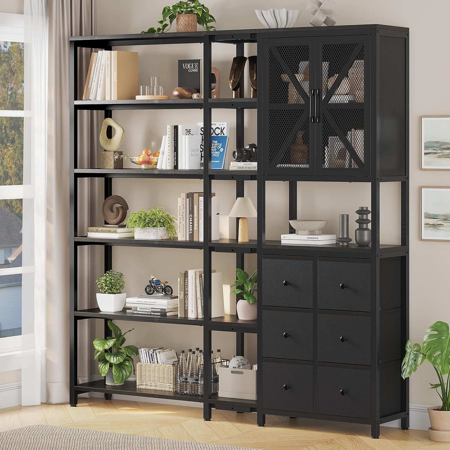 HAUOMS Corner Bookshelf, 6 Tier Industrial Convertible Bookshelf with 6 Fabric Drawers, Corner Bookcase Large L Shaped Storage Display Shelf for Home Office, Living Room, Kitchen, Black