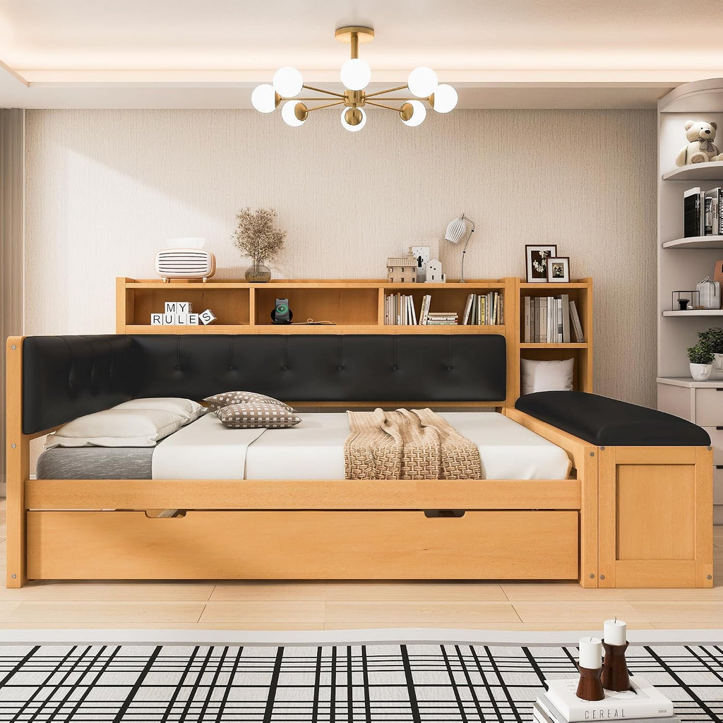 SOFTSEA Full Size Daybed with Trundle, Storage & Charging Station, Wooden Corner Daybed Frame with Upholstered Headboard & Bench for Bedroom or Apartment, No Box Spring Needed, Natural