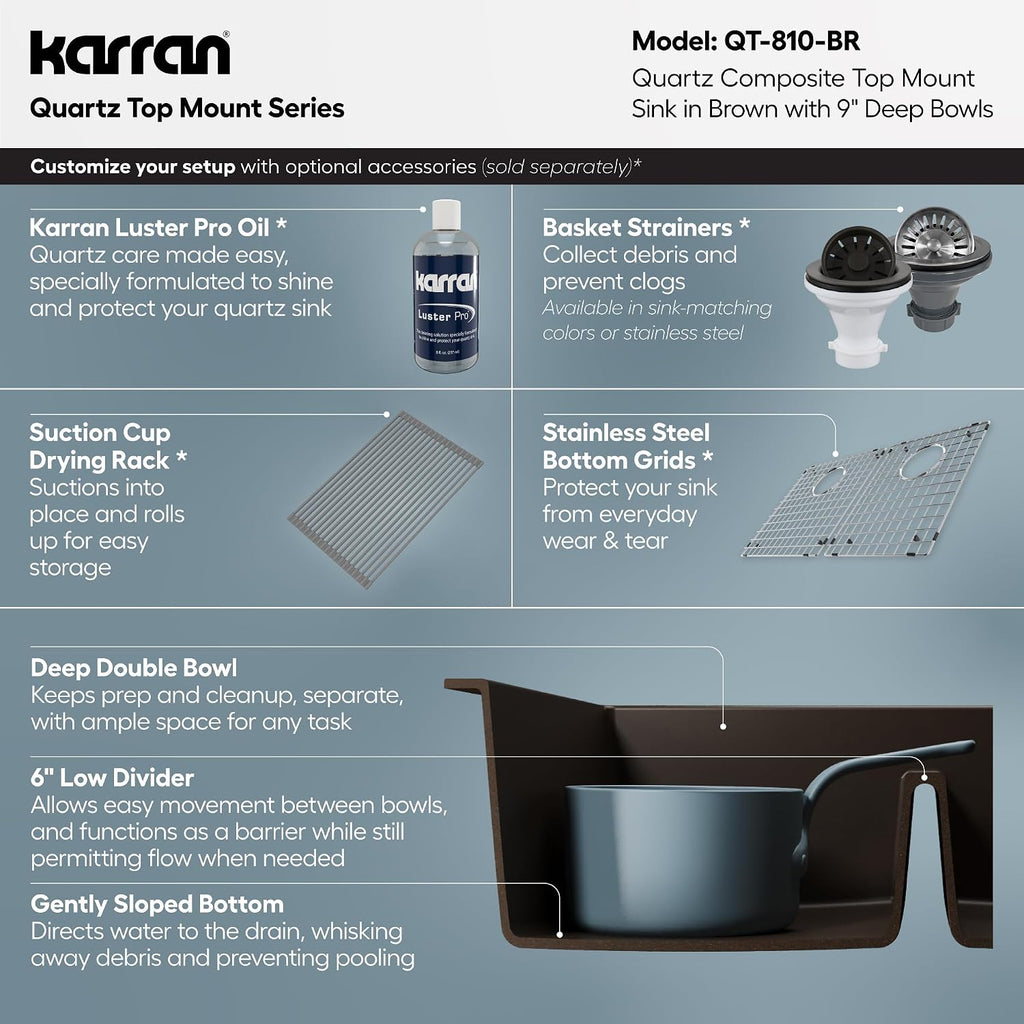 Karran 33' Brown Quartz Composite Double Bowl Kitchen Sink – Top Mount Drop-In 50/50 Low Divider, 80% Natural Quartz, 535°F Heat Resistant, Sound Dampening, Granite Composite, QT-810