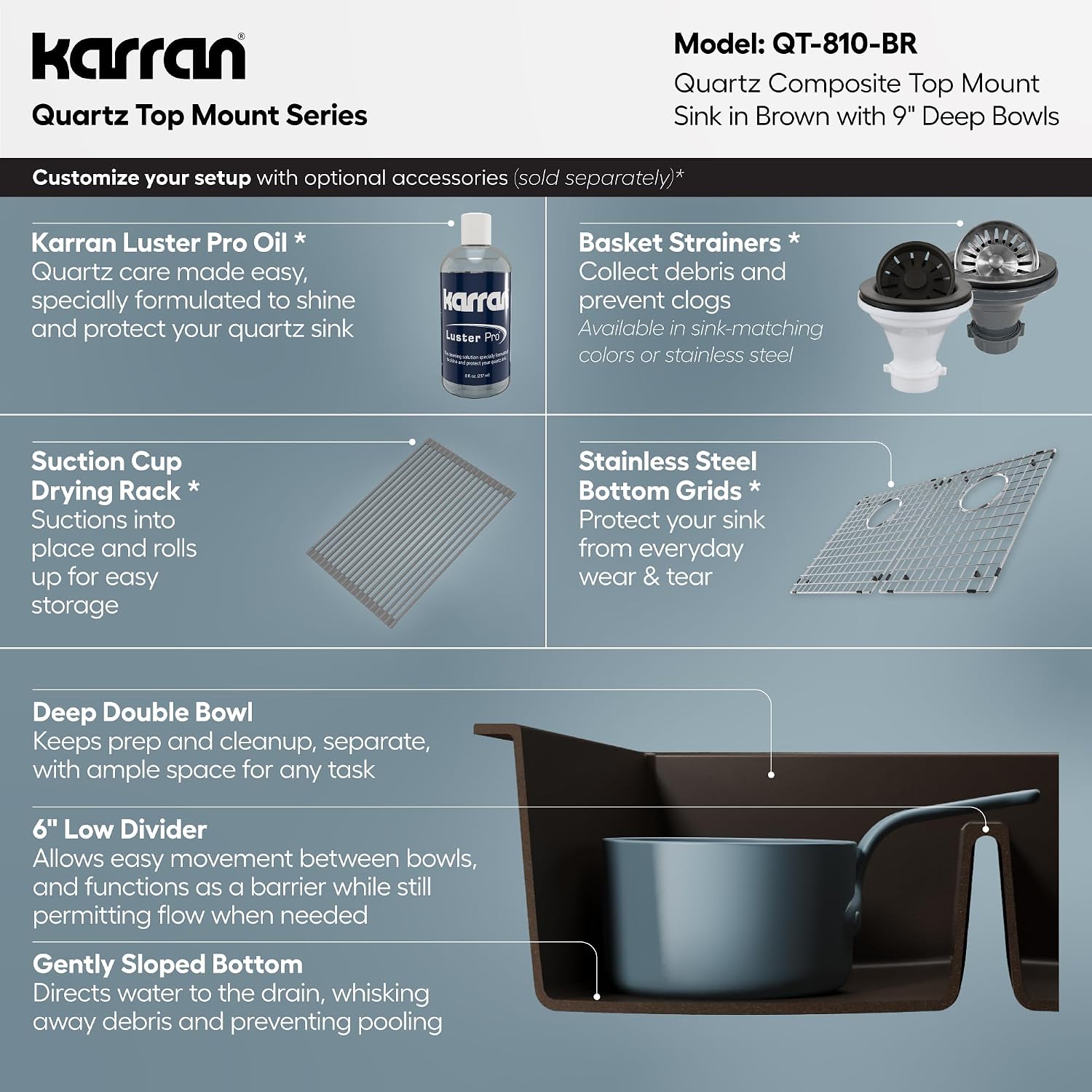 Karran 33' Brown Quartz Composite Double Bowl Kitchen Sink – Top Mount Drop-In 50/50 Low Divider, 80% Natural Quartz, 535°F Heat Resistant, Sound Dampening, Granite Composite, QT-810