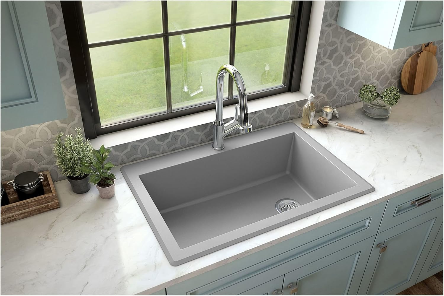 Karran QT-670 Drop-In/Top Mount 33' Single Bowl Granite Quartz Composite Kitchen Sink in Concrete, Right Side Drain, Extra Deep 9' Basin, Heat & Scratch Resistant, Sound Dampening