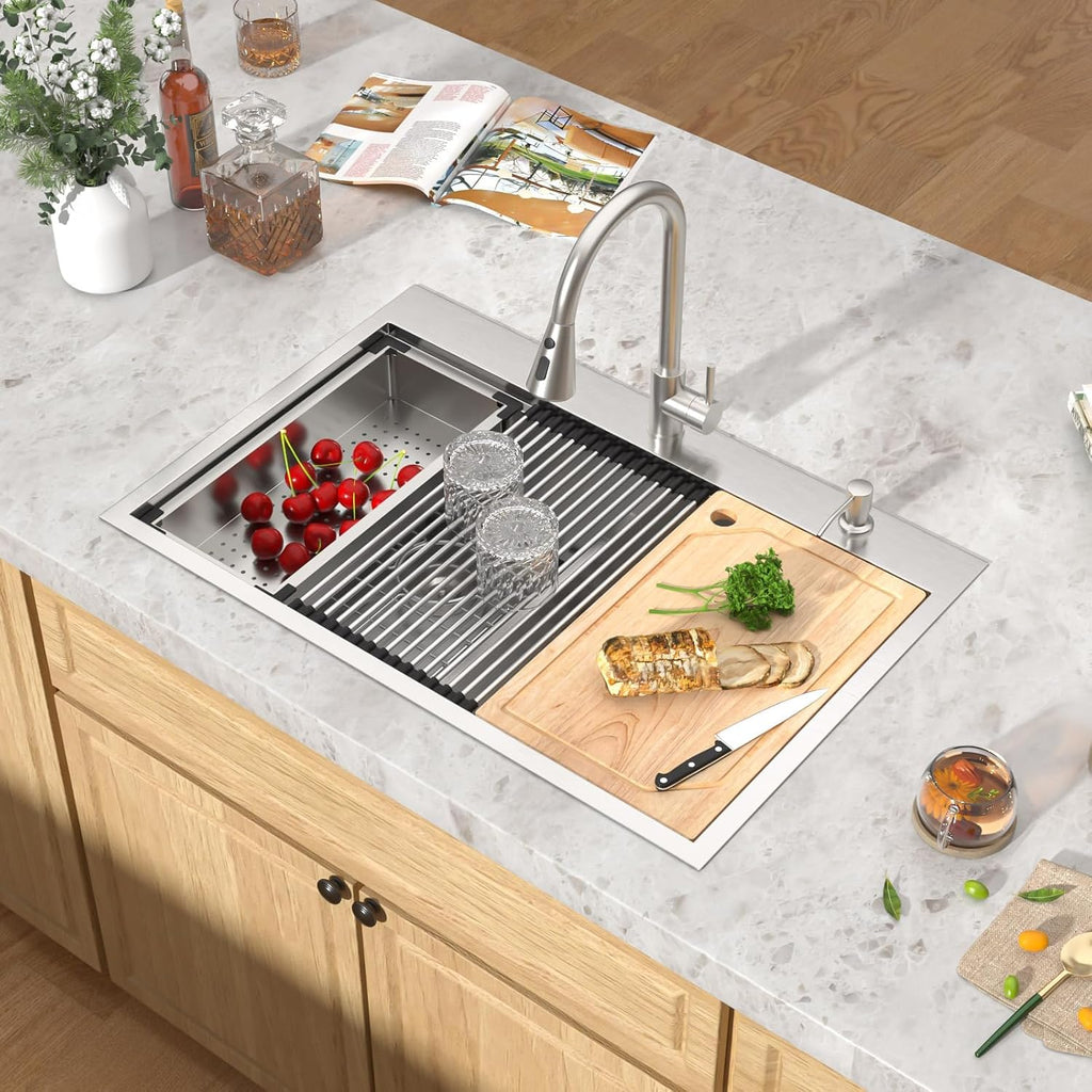 33x22 Double Bowl Drop In Kitchen Sink - Workstation All-In One 16 Gauge T-304 Stainless Steel Low Divide Topmount 2 Pre-drill Holes Sink with Accessories for Kitchen#TLDB-501