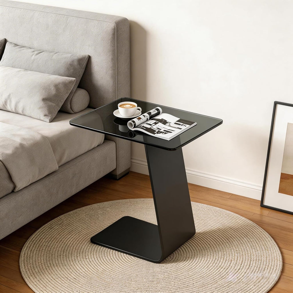 25.5-Inch High C-Shaped End Table with Tempered Glass Top & Black Metal Frame, Modern Space-Saving Sofa Side Table for Living Room, Bedroom, Small Spaces (B)