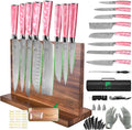 FULLHI 15pcs Japanese Knife Set with Magnetic Knife Block Holder, Stainless Steel Blades, Pink Resin Ergonomic Handles for Professional and Home Cooking