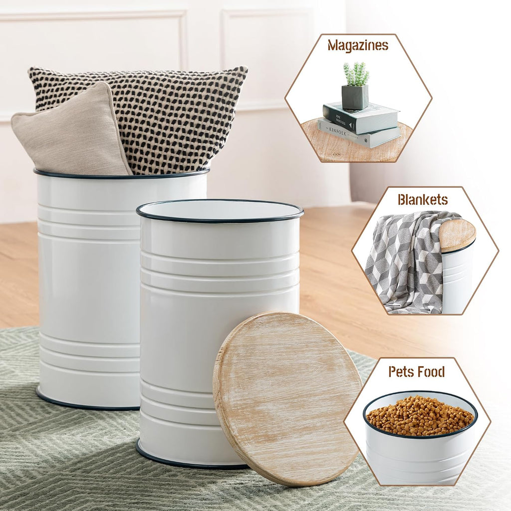 Glitzhome 4-Piece Galvanized Side Table Set, Metal Farmhouse Barrel Toy Box Bins with Round Wood Lid, Rustic Ottoman Seat Stool with Large Storage Space, for Living Room, Bedroom,White