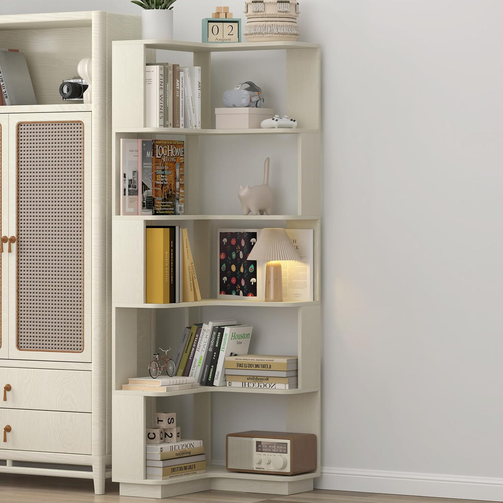 GDFStudio 64.6' Tall L-Shaped Corner Bookshelf, 6-Tier Freestanding Corner Shelf Bookcase with Anti-Drop Panels, Wooden Open Back Display Shelves Organizer for Living Room Office Bedroom, White Oak