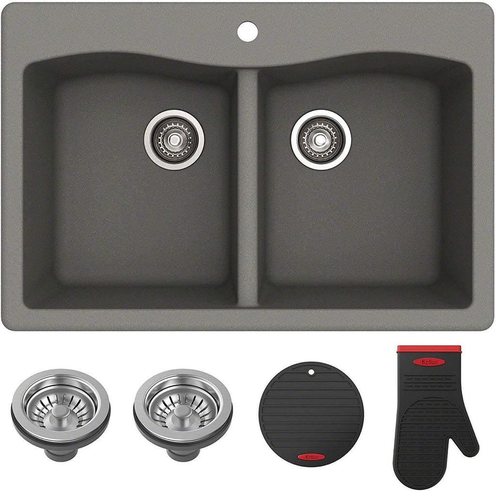 KRAUS Forteza™ 33' Dual Mount 50/50 Double Bowl Granite Kitchen Sink in Grey, KGD-52GREY