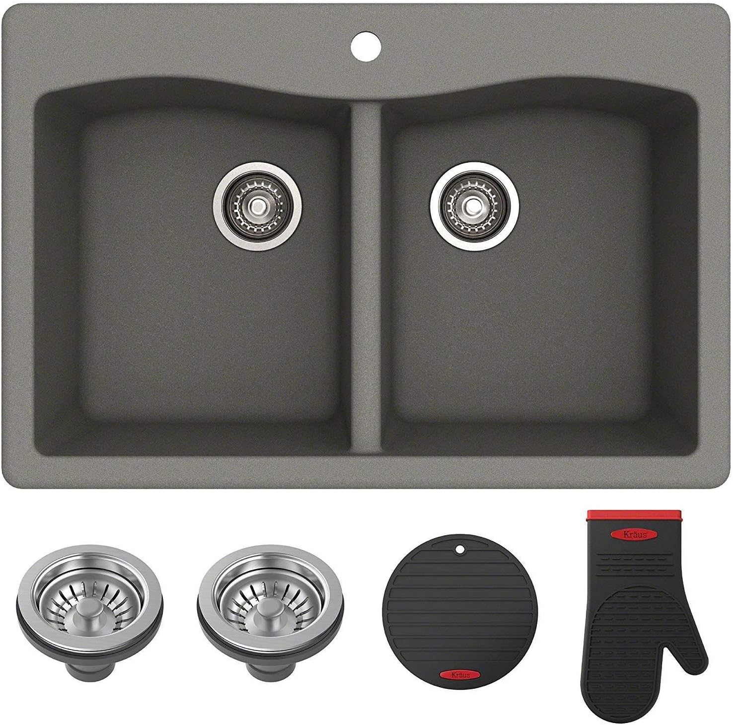KRAUS Forteza™ 33' Dual Mount 50/50 Double Bowl Granite Kitchen Sink in Grey, KGD-52GREY