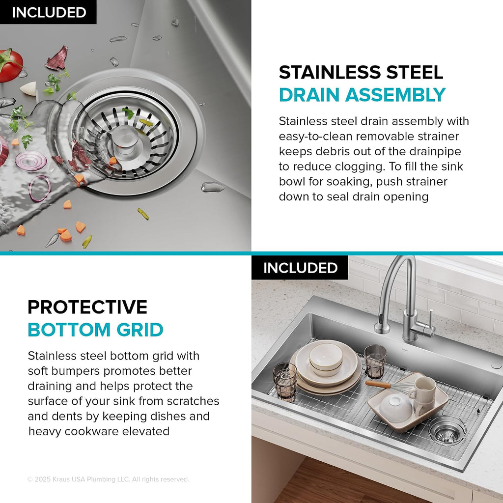 KRAUS Fairlane 33-inch ADA Compliant Drop In/Top Mount Single Bowl 18-Gauge Stainless Steel Kitchen Sink, KHT640-33-5.5