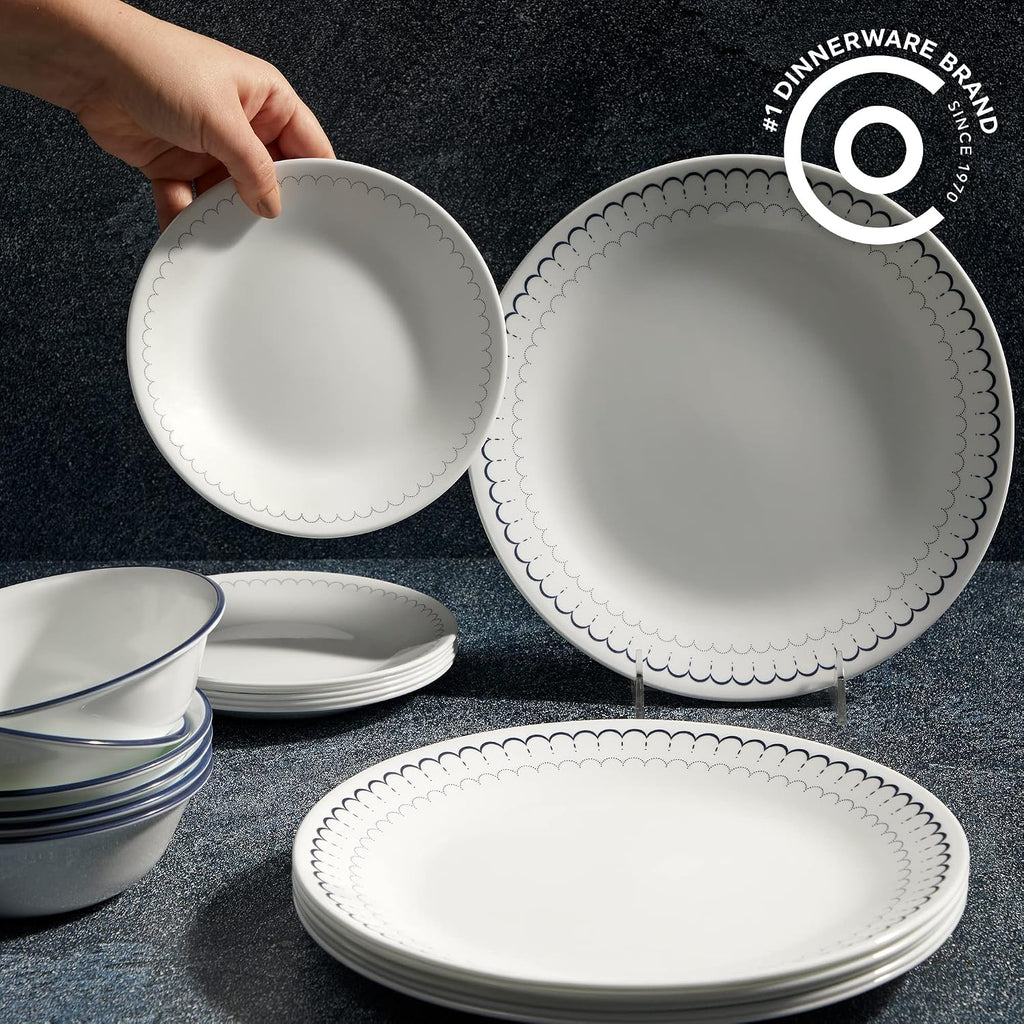 Corelle 18-Piece Dinnerware Set, Service for 6, Lightweight Round Plates and Bowls Set, Caspian & 6-Piece 10.25' Dinner Round Plates, Vitrelle Triple Layer Glass, Caspian