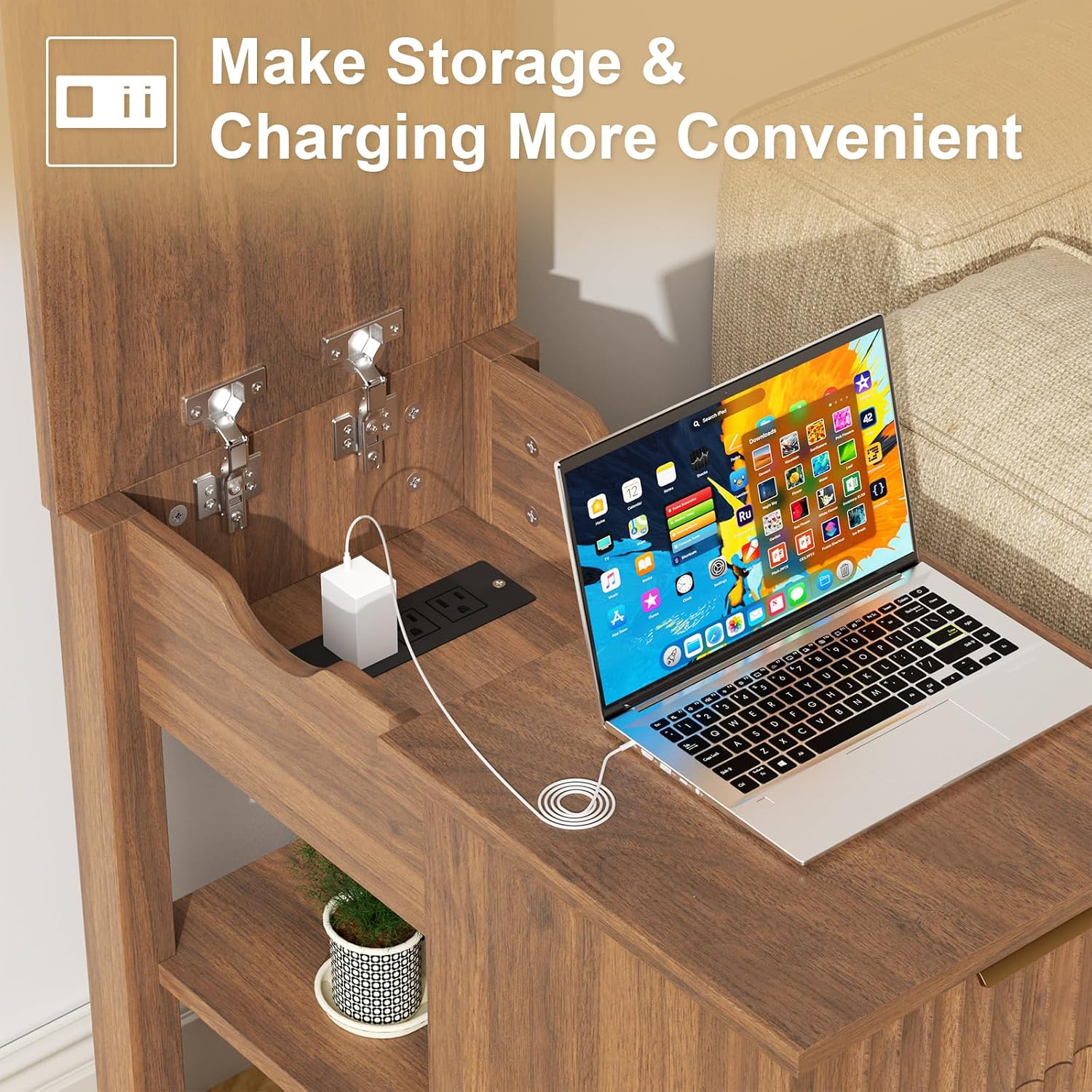 End Table with Charging Station 24'' Nightstand with Charging Station Vintage Side Table with Storage Wooden Sofa Side Table and Outlets Bedside Table for Living Room Office Bedroom (Brown)