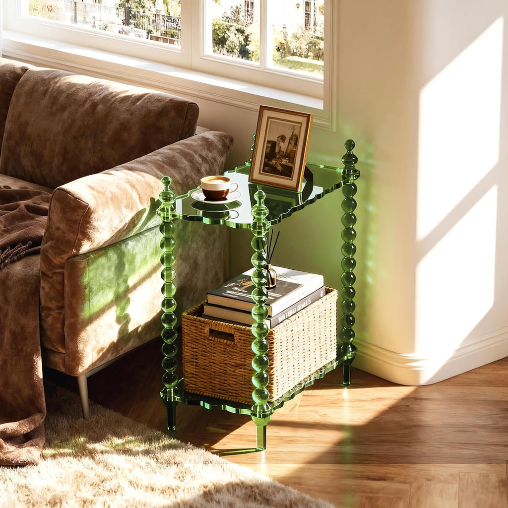 Acrylic Side Table 2-Tier, Clear Nightstand with Storage, Narrow Bedside End Table for Small Spaces (Green, 20.6'×10.4'×26')