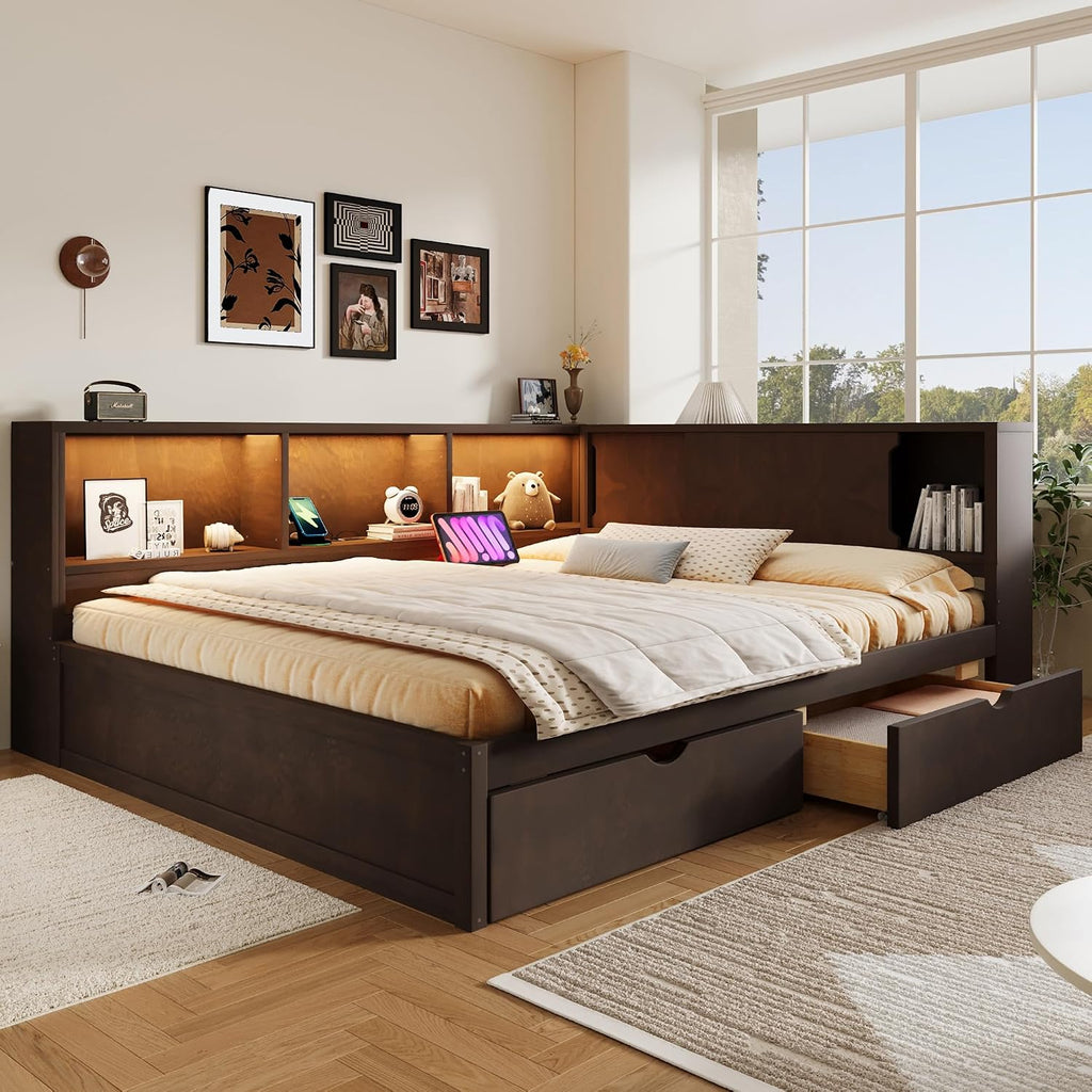 Merax Queen Size Daybed Frame with 2 Drawers and Storage Shelves for Kids, Teens or Adults, Wooden Corner Bed Sofa Bed with USB Ports and LED for Living Room or Bedroom, No Box Spring Needed, Brown