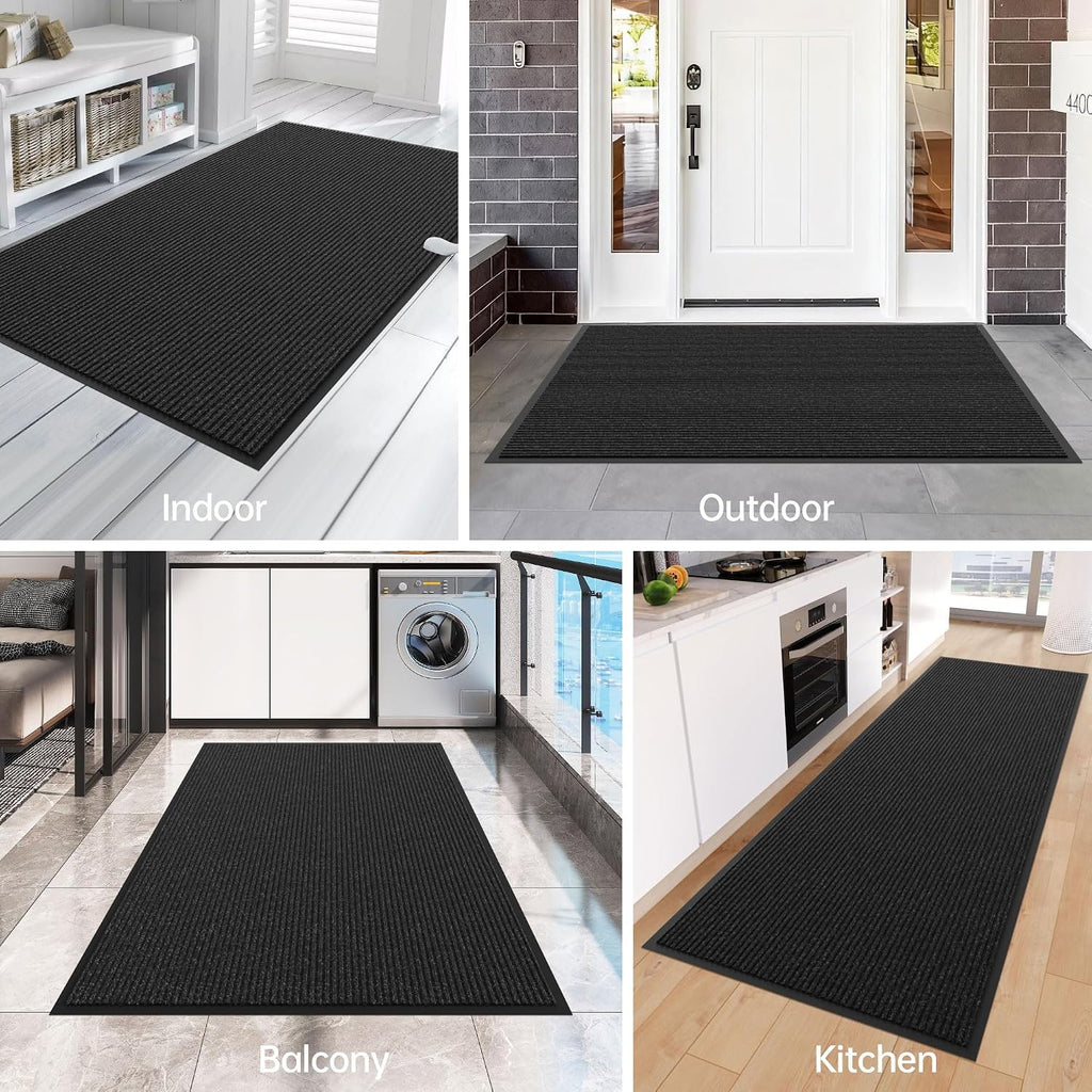 Front Door Mat, 10' x 3' Heavy Duty Indoor Outdoor Door Mat Entrance, Commercial Welcome Mats, Stain and Fade Resistant, Durable Rubber Backing, Low Profile Entry Mat for Patio, Black Stripe