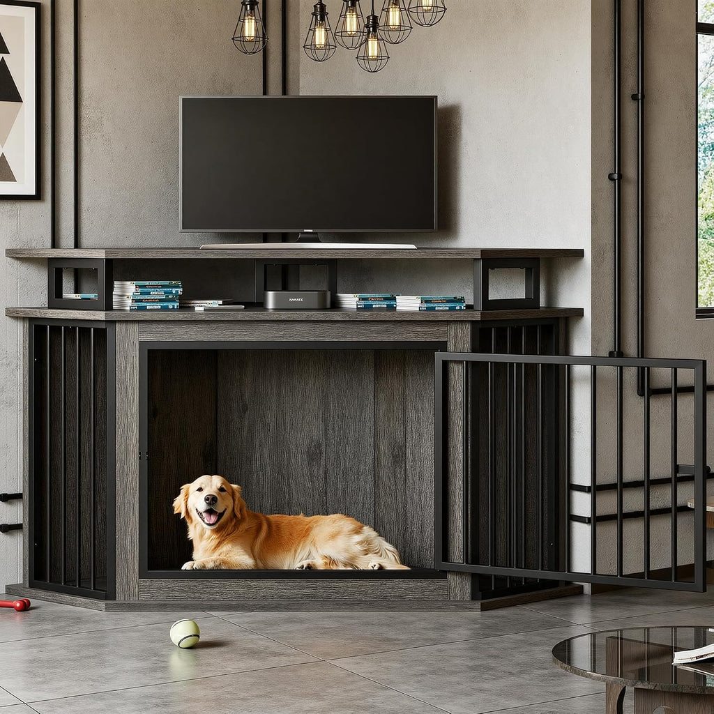 IRONCK Corner Dog Crate Furniture with 2-Tier Shelves – Wooden Pet Kennel for Large Dogs, Space-Saving TV Stand, Rustic Brown (26.7' L x 51.2' W x 33.5' H)