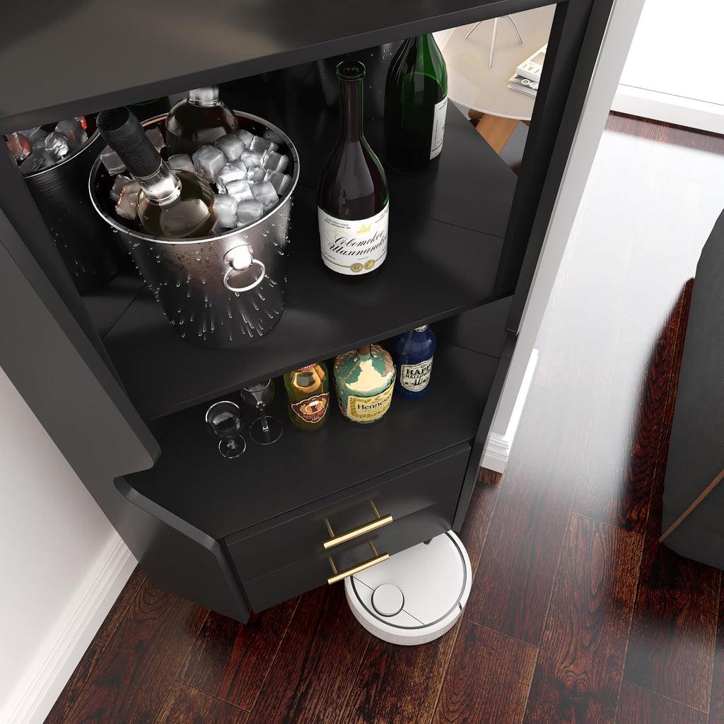 GDFStudio Wooden Corner Shelf Cabinet, Mirrored Back Coffee Bar Cabinets with Drawers & Open Storage, High Feet Corner Wine Rack Liquor Stand Kitchen Storage Cabinet for Living Room Dining Room, Black