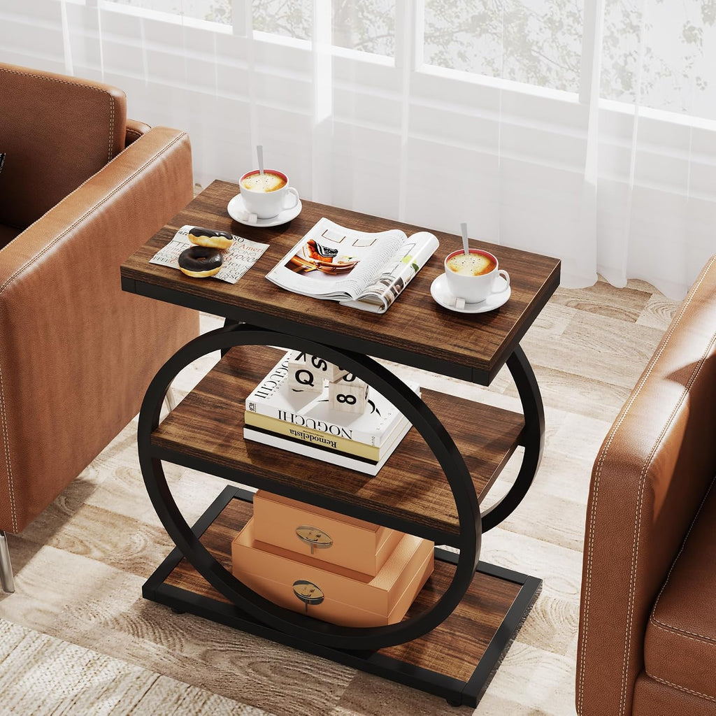 LITTLE TREE 3-Tier End Table Set of 2, Industrial Side Table with Storage Shelves, Small Sofa Side Table for Living Room, Wooden Side End Table with Round Metal Legs, Slim Nightstand and Bedside Table